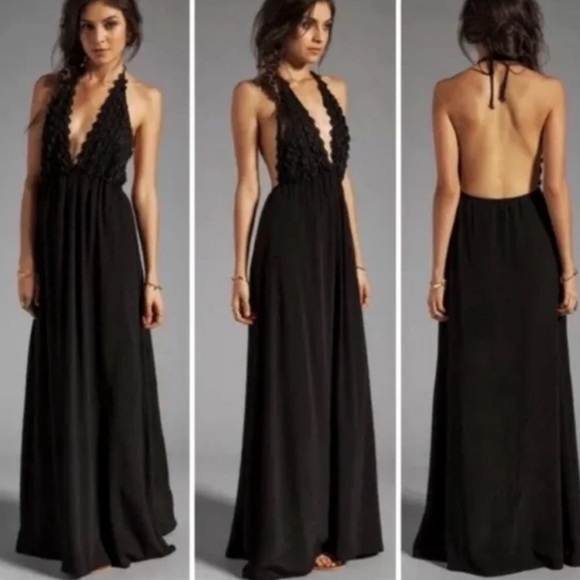 For Love And Lemons Dresses & Skirts - For Love & Lemons Black Camilla Maxi Dress Halter Floral V Neck Sleeveless Gown